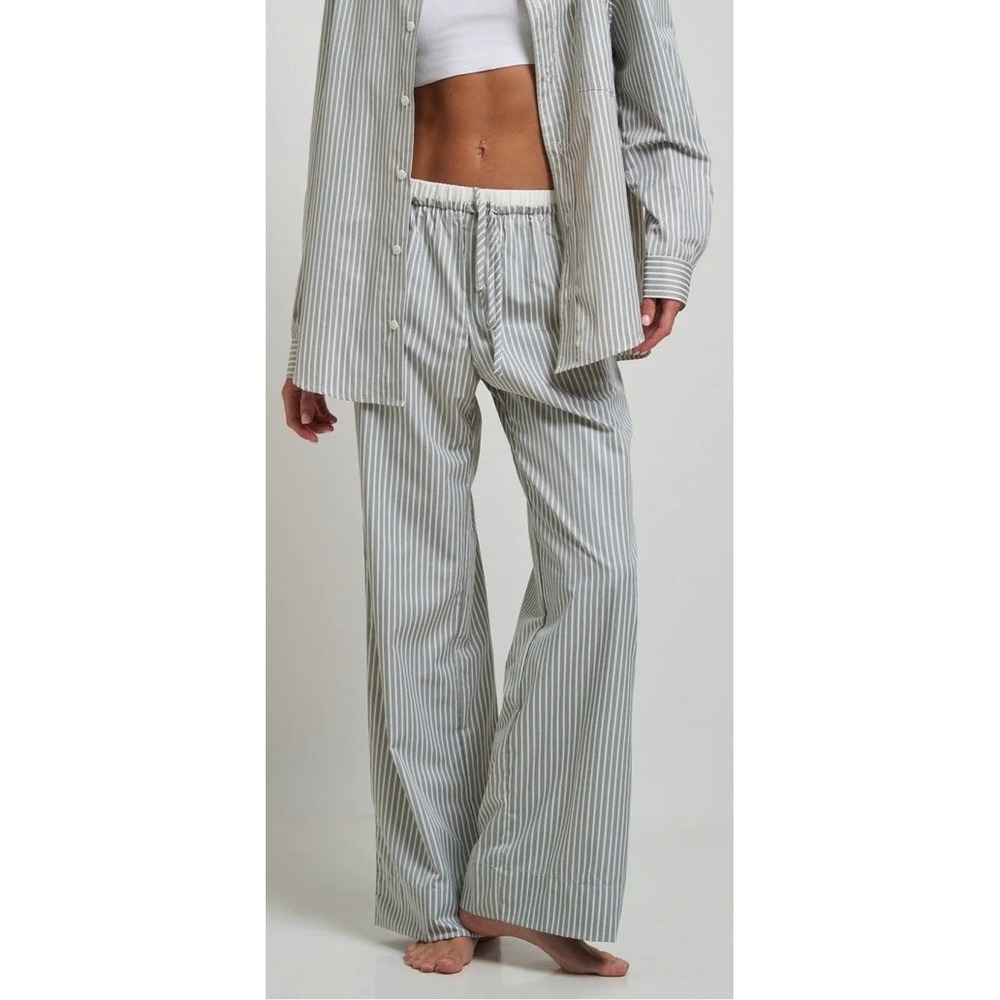 Gooseberry Intimates Le Boyfriend Unisex Long Pants Grey Stripe Poplin M NEW